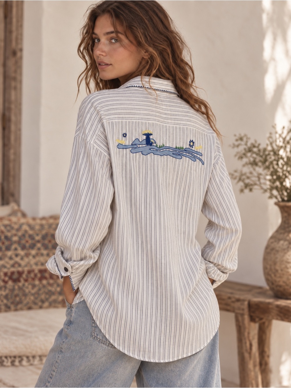Re/Done Womens Upcycled Embroidered Striped Cotton Shirt medium boho western